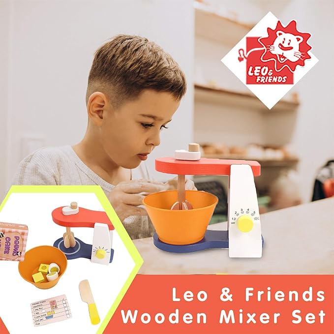 Leo & Friends Wooden Mixer Set - Make-A-Cake Kids Mixer Toy (9 Pcs) - Play Kitchen Accessories for Kids Ages 3 Years and Older - Perfect Birthdays Holidays