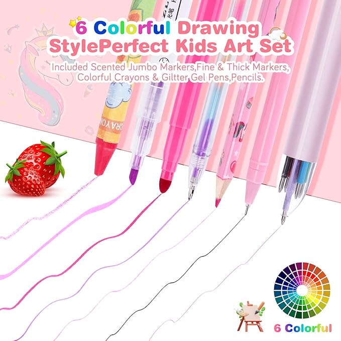 53PCS Fruit Scented Markers Set - Art Coloring Drawing Kits for Kids with Unicorn Pencil Case, Art Supplies for Kids Ages 4 6 8,Stationary Set Pencil,Crayon&Markers Stuff,Birthday Gifts Toys for Girls