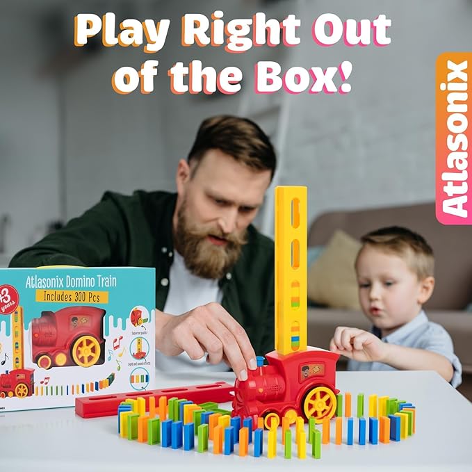 300 Pcs Domino Train Set - Automatic Rally Setter for Boys & Girls - Ages 4-10 - Montessori Toy with Colorful Tracks - Creative Birthday Toy, Automatic Block Laying Stacker Game