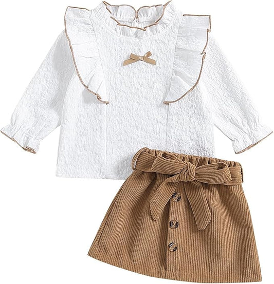 Fernvia Toddler Baby Girl Fall Winter Skirt Set Turtleneck Ribbed Long Sleeve T-Shirt Top & Plaid Skirts Dress 2Pcs Outfits