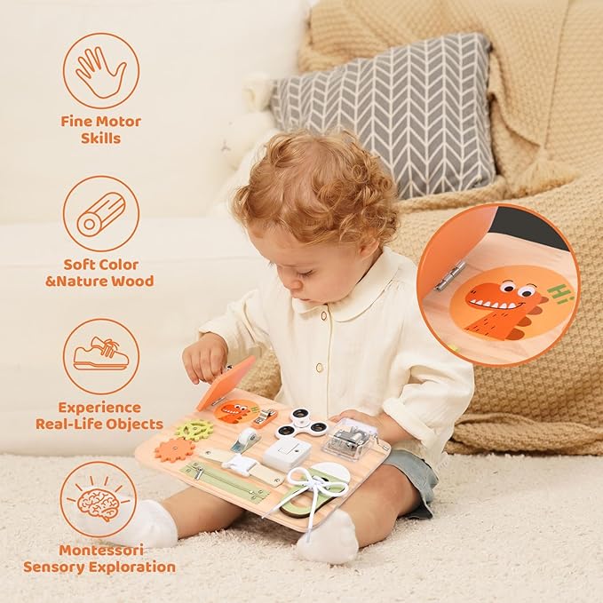 Montessori Toys for Tooddlers- Busy Board for 1 2 3 4 years - Educational Fidget Toys for Baby - Wooden Sensory Toys Autistic Children - Preschool Activities - Fine Motor Skills – Travel Toy