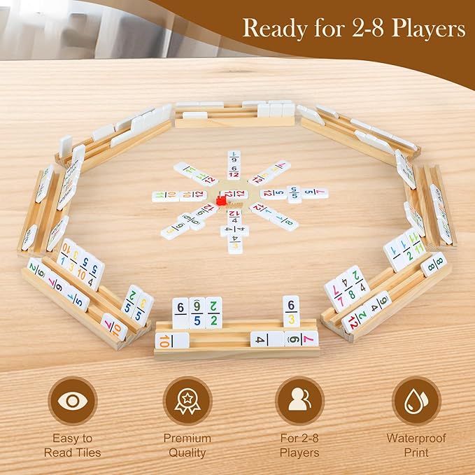 2-8 Players Mexican Train Dominoes Set with Numbers, 8 Wooden Racks, 91 Tiles, Portable Case, Dominos Set for Adults, Board Games for Adults, Easter Gifts, Easter Basket Stuffers