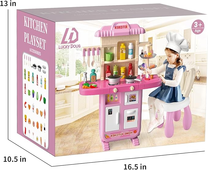 Kids Play Kitchen Playset for Toddlers Girls, Toy Kitchen Sets Pretend Play Food Toy with Chair for Girls Kids Ages 3-8, with Light Sound Spray