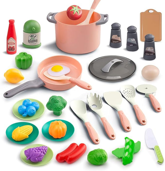 35Pcs Kids Kitchen Toy Accessories, Toddler Pretend Cooking Playset with Play Pots and Pans, Utensils Cookware Toys, Play Food Set, Toy Vegetables, Learning Gift for Girls Boys (Pink)