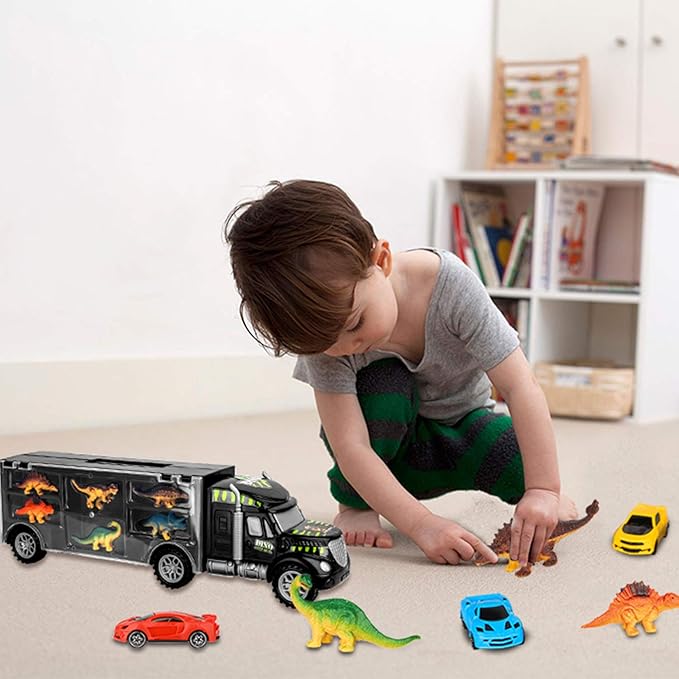 Aokesi Car Toys Transport Carrier Truck Dinosaur Toys for 3-12 Years Old Boys and Girls (Includes 6 Dinosaurs and 6 Mini Car)