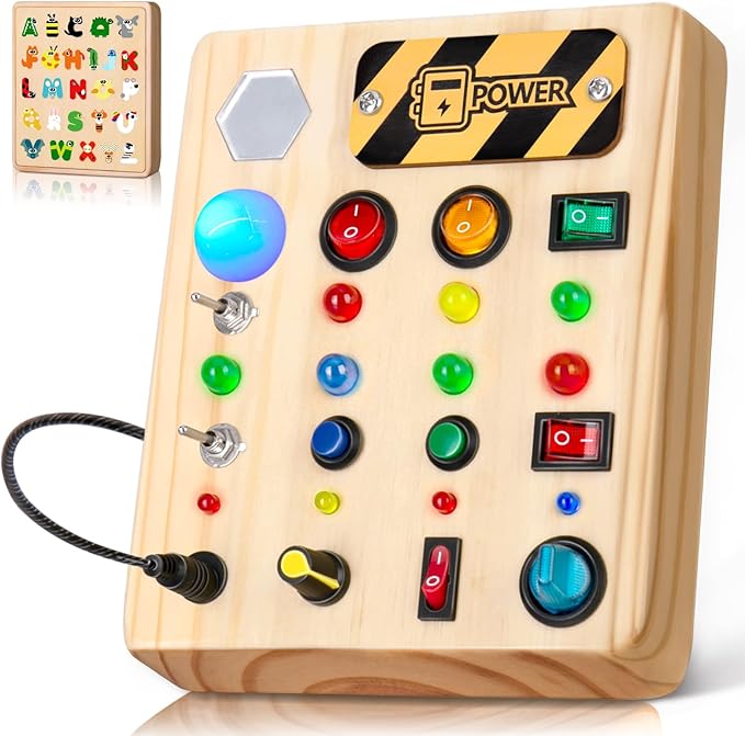 LED Busy Board, Wooden Sensory Toys for Toddler, Montessori Music Toy for Airplane, Travel Activity Educational Learning Toy, Busy Light Switch Autism Toys, Birthday Boys Girls Gifts