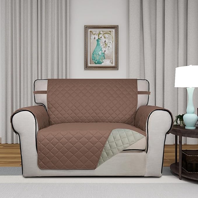 PureFit Reversible Quilted Sofa Cover, Water Resistant Slipcover Furniture Protector, Washable Couch Cover with Non Slip and Elastic Straps for Kids, Dogs, Pets (Oversized Chair, Brown/Beige)