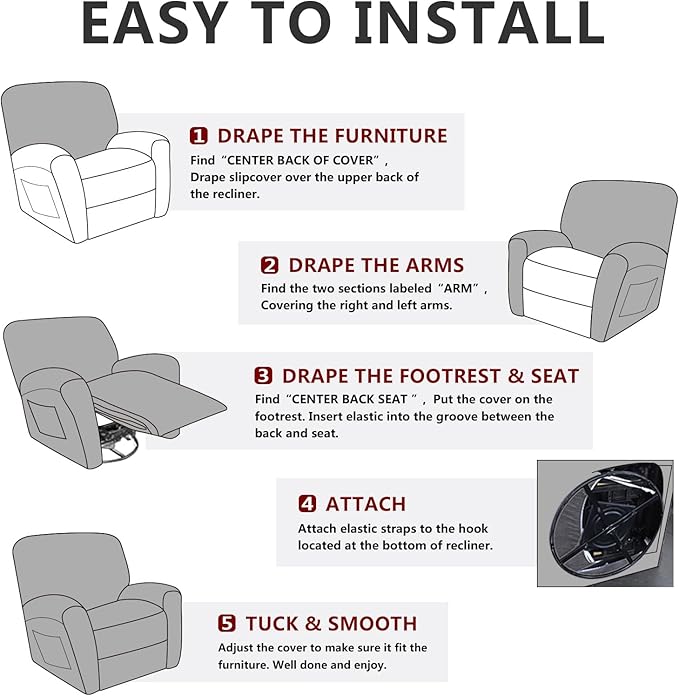 Leather Look Recliner Chair Covers Stay in Place 4-Piece Lazy Boy Recliner Slipcovers for Reclining Chair Furniture Protector Spandex Fabric Washable (X-Large, Dark Brown)