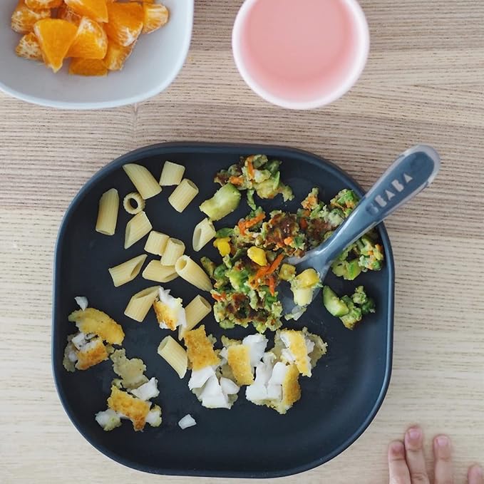 BEABA Silicone 4 Piece Baby Feeding Set, Suction Plates for Baby, Includes Plate, Bowl, Cup, 2nd Stage Silicone Spoon, High Grade Food Safe Silicone, Midnight