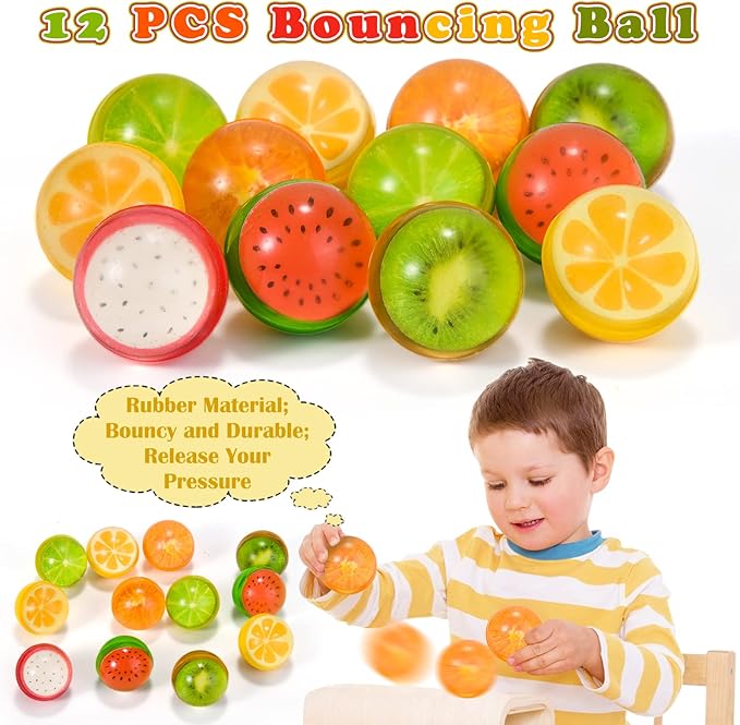 84Pcs Fruits Party Favors for Kids Squeeze Bouncy Ball Ring Keychain Slap Bracelet Tattoo Mini Toy Gift Summer Girl Boy Goodie Bag Stuffer Filler Watermelon Apple Strawberry Birthday Party Supplies