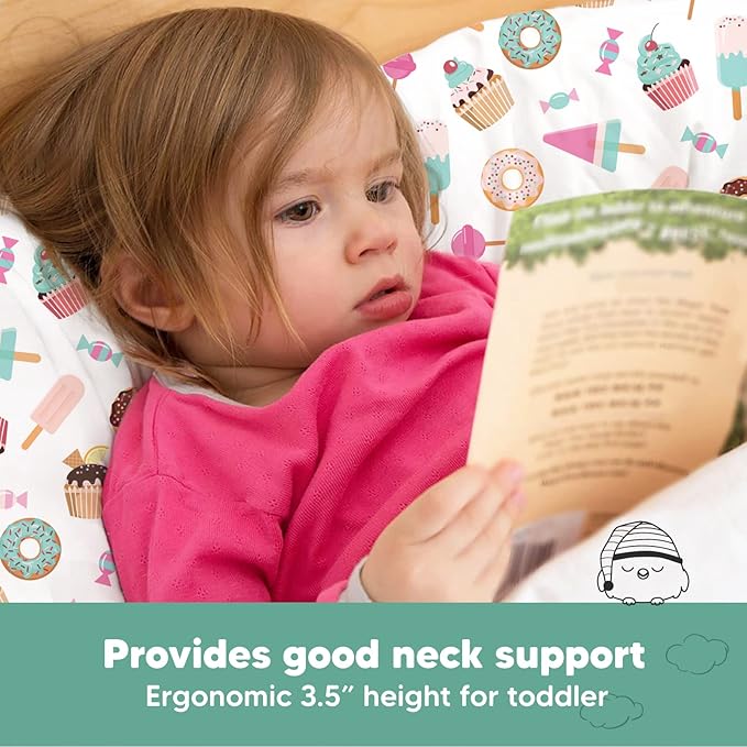 Toddler Pillow with Pillowcase - 13x18 My Little Dreamy Pillow, Organic Cotton Toddler Pillows for Sleeping, Kids Pillow, Travel Pillows, Mini Pillow, Nursery Pillow, Toddler Bed Pillow (Sweet Tooth)