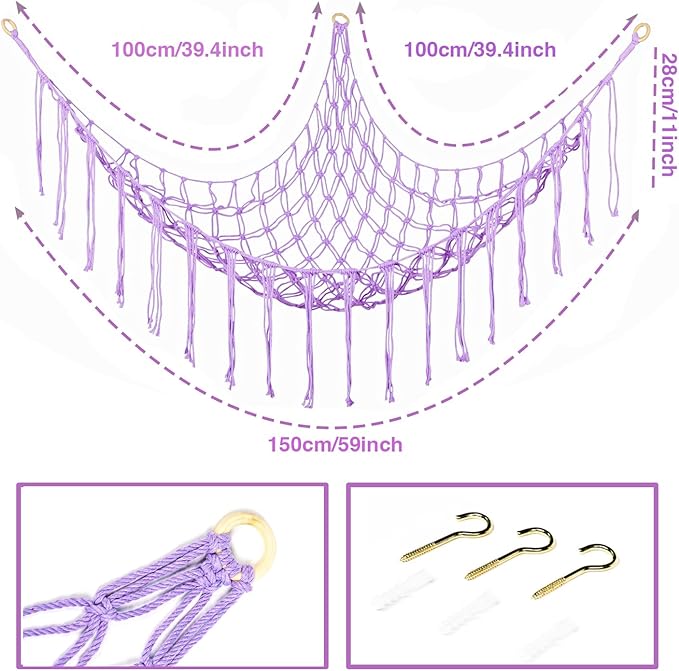 Boho Stuffed Animals Net or Hammock Large,55 inch Toy Hammock Macrame Stuff Animal Storage Corner Hanging Net Holder,Mesh Hammock Plush Toy Organizer with Hooks for Bedroom,Nursery (Purple)