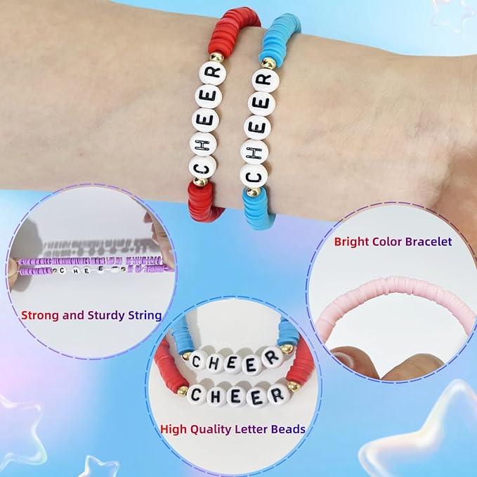 24 Pcs Cheerleader Gifts for Girls Handmade Friendship Bracelets for Teen Girls Stretch Cheer Bracelets Y2k Cheer Stuff Stackable Clay Bead Bracelets Bulk Teens Birthday Christmas Party Favors