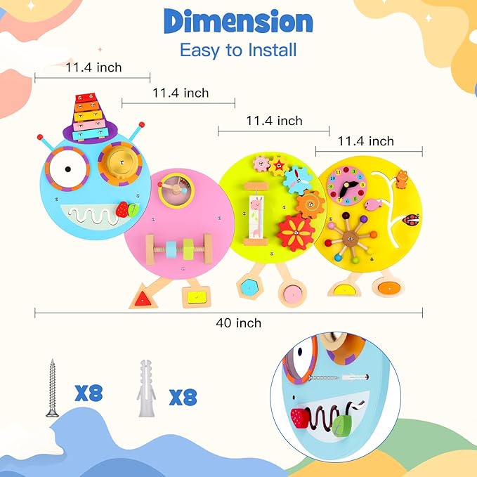 Caterpillar Activity Wall Panels for Toddler: Sensory Wall Toy 12 Activities - Wall Mounted Toy Busy Board Decor for Bedrooms Toddler Activity Center Daycares - Montessori Educational Toy for Kids