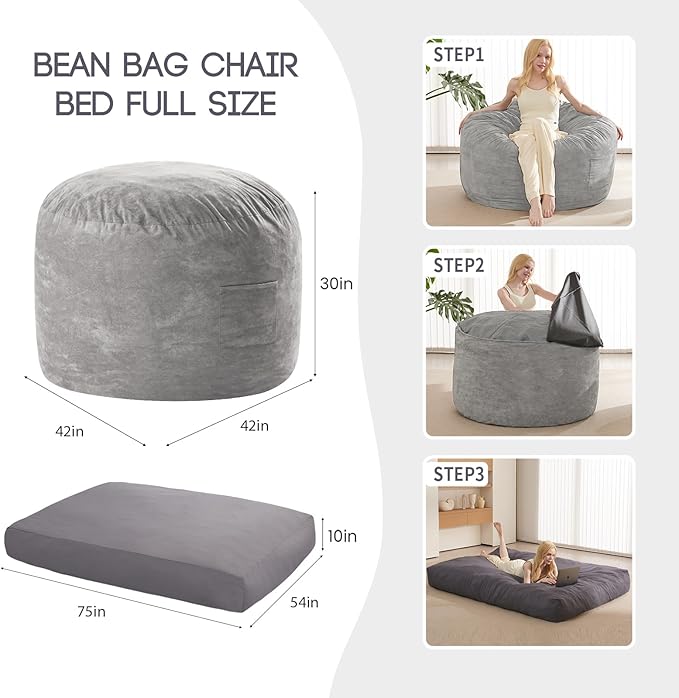 Bean Bag Chairs for Adults Kids Teens Convertible Chair Mattress, Bean Bags Chair with Removable Suede Cover, Sleeper Chair That Turns into Mattress, Full, Light Grey