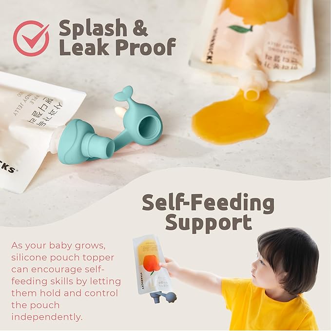 Octopus | Blue, Pink | SoftSip Food Pouch Toppper | 2EA + Travel Case | Prevent Spills & Leakage | Protect Child Baby Toddler Mouth | Food Grade Silicone Reusable | Baby Led Weaning | BPA Free