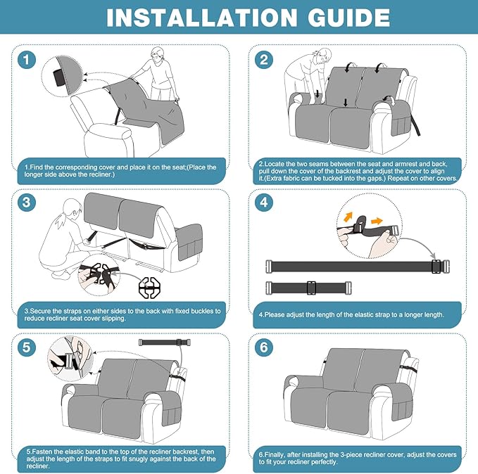 TAOCOCO 100% Waterproof Loveseat Recliner Cover, Non Slip Split Recliner Couch Cover with Elastic Straps, Washable Reclining Sofa Cover Furniture Protector for Kids, Pets(2 Seater, Sky Blue)
