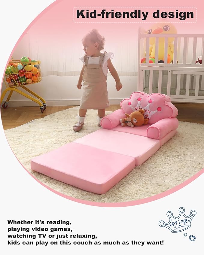 MOONBEEKI Kids Foldable Sofa Bed, Princess Chair for Toddlers 1-3, Pink Cartoon Shape, High Density Foam, Fold Out Couch for Bedroom, Sofa Bed for Girls, 15.1x19.7x2.4 inches, 4.4 lbs