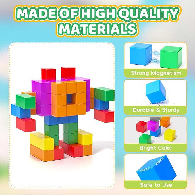64PCS Magnetic Blocks Set, Magnet Building Blocks with Toy Figurine and Storage Bag for Kids Gifts, STEM Educational Preschool Sensory Toys for Toddlers Boys Girls Ages 3 4 5 6 7 8 +(Bright Color)