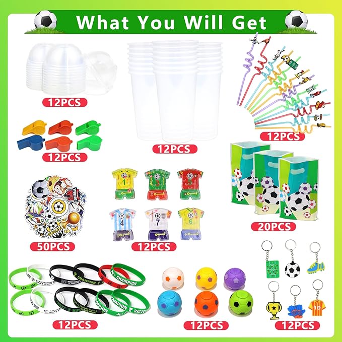 166 Pcs Soccer Party Favors for 12 People Party Supplies with Cup Straw Stress Ball Keychain Sticker Silicone Wristbands Whistle Goodie Bags for Kids Birthday Decorations Gifts
