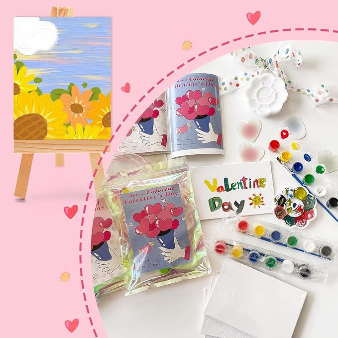 16pcs Valentines Day Gifts Cards for Kids Class Valentine Exchange Classroom Gifts School Party Favors Watercolor Acrylic Paint Kit Set Valentines with Drawing Canvas Palette Brush Wishes Stickers