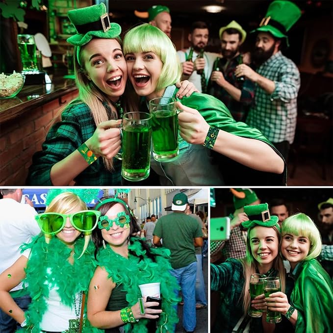 24Pcs St. Patrick's Day Slap Bracelets Green Shamrock Hat Beer Slap Bands Irish Clover Wristbands Snap Bracelets for Boys Girls Women Birthday Saint Patrick's Party Supplies