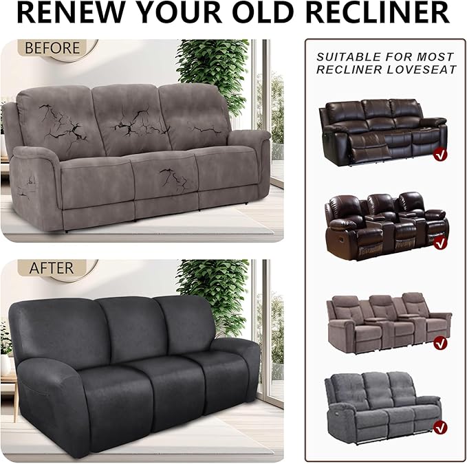 Recliner Couch Cover Leather Look Recliner Sofa Covers for 3 Cushion Reclining Sofa Slipcovers 8-Pieces Furniture Protector Spandex Fabric Washable (3 Seater, 01 Dark Gray)