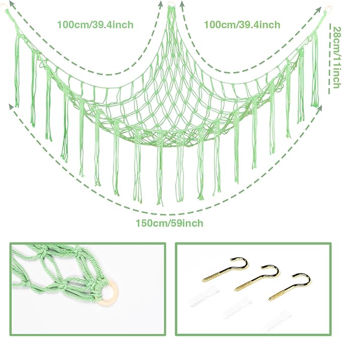 Boho Stuffed Animals Net or Hammock Large,55 inch Toy Hammock Macrame Stuff Animal Storage Corner Hanging Net Holder,Mesh Hammock Plush Toy Organizer with Hooks for Bedroom,Nursery (Deep Green)