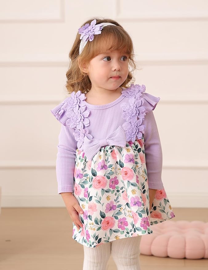 Baby Girl Dress Fall Flower Ruffle with Lace Headband Toddler Girls 3M-3T Infant Dresses Winter Baby Girl Clothes