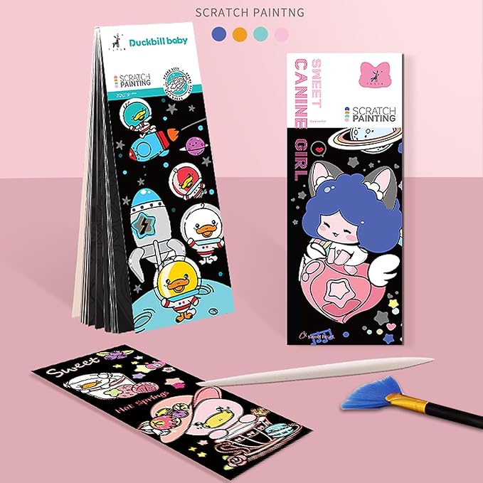40 Card Rainbow Sparkle Scratch Painting Note, Hand-Eye Coordination Art&Crafts, Mini Magic Scratch DIY Graffiti Creative Bookmarks Gift for Kids&Adults, 8.5''x3.2'' (Canine Girl/Duckbill Baby Space)