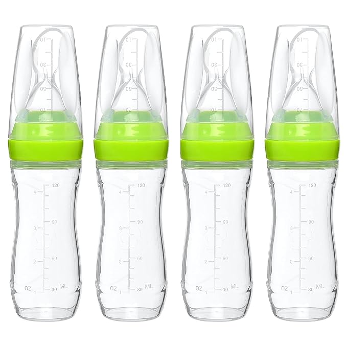 – Baby Food Dispensing Spoon – Mess-Free Feeding – Silicone Baby Food Dispenser for 4+ Months – Precise Food-Release Bottle Spoon Feeder – Straining Baby Squeeze Spoon (Green, 4 Pack)
