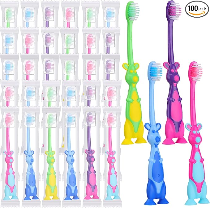 Gerrii 100 Pcs Kids Toothbrushes Bulk Soft Lovely Little Kangaroo with Covers Suction Cup Individually Wrapped for Children Toddler Home School Camp Daycare Travel