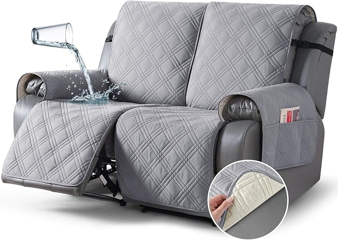 TAOCOCO 100% Waterproof Loveseat Recliner Cover with Anti Slip Backing, Split Loveseat Covers for Reclining Loveseat with Elastic Straps Furniture Protector for Kids Pets(2 Seater, Light Grey)