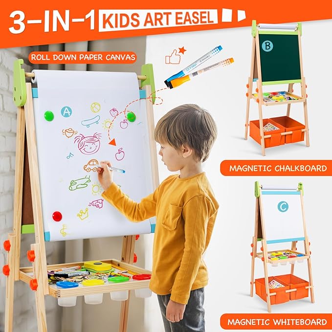 Kids Easel Including 100+ Accessories, Rundad Double Sided Wooden Easel for Kids Age 3-8 with Magnetic Chalkboard & Painting Board, Free Height Adjustable Art Easel Supplies for Toddlers