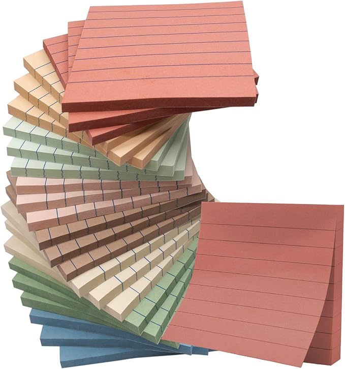 24 Pack Lined Sticky Notes 3x3 in Post Ruled Stickies Super Sticking Power Memo Pads, Vintage Colors Sticky Notes with Lines Self-Stick Note Pads