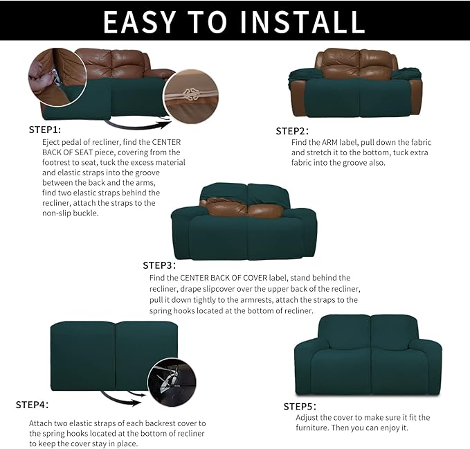 Easy-Going Oversized 6 Pieces Microfiber Stretch Sectional Recliner Loveseat Sofa Slipcover Soft Fitted Fleece 2 Seats Couch Cover Washable Furniture Protector with Elasticity for Kids Pet Deep Teal