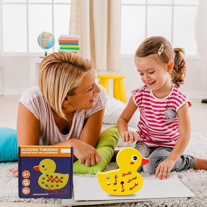 Sealive Wooden Lacing Toys for Toddlers, Educational and Learning Montessori Fine Motor Skill Toys, Perfect Toddler Travel Toys, Early Learning Development for Kids (Duck)