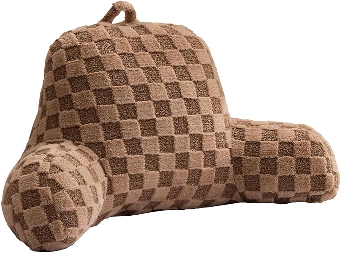 Aimuan Reading Pillow Checkered Bed Rest Wedge Backrest Checkerboard Pillow with Arms Back Support for Sitting Up in Bed Cushion Incline Rest Sleeping Snoring Pillow (Khaki,Large)