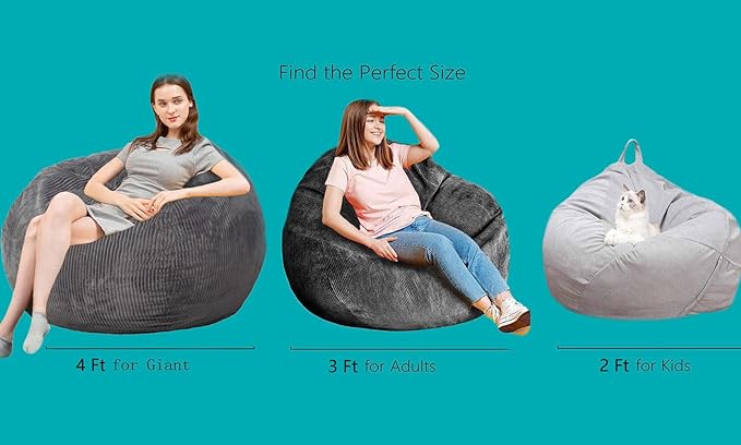 Bean Bag Chairs with Faux Rabbit Fur Cover, 3 ft Giant Memory Foam Bean Bag Chairs for Adults/Teens with Filling,Ultra Soft Faux Fur Fabric, Round Fluffy Sofa for Living Room Bedroom College Dorm