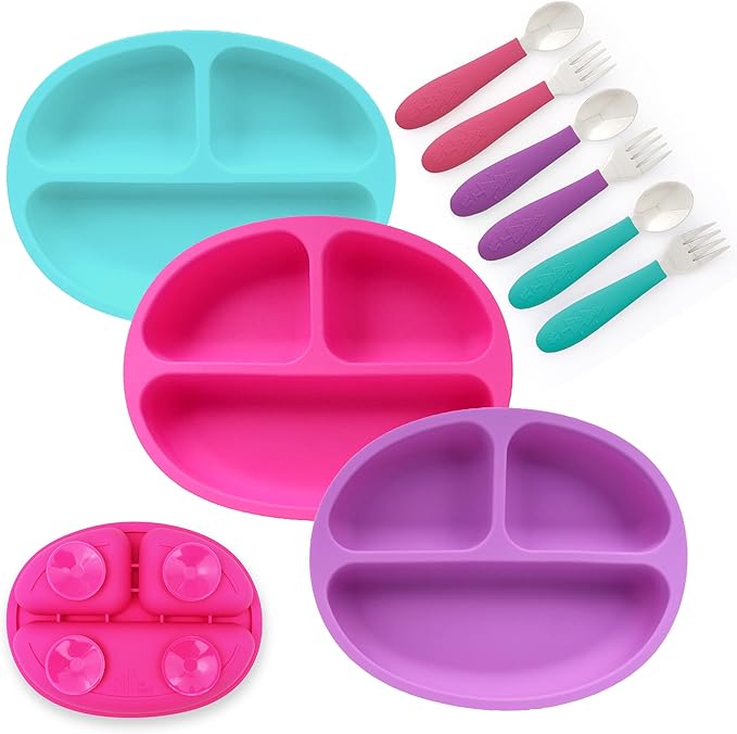 Elk and Friends Silicone Suction Plate for Babies/Toddlers + Stainless Steel Silverware Feeding Set | Divided Plate | Suction Design | Forks + Spoons Included | 3 Pack