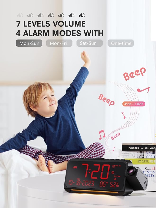 Projection Alarm Clock for Bedroom Ceiling, Digital Clock Projector with Weekday/Weekend Mode, Date, Temperature, Humidity, Type-C USB Charger, Night Light, Dual Alarms, DST, Dimmer,12/24H