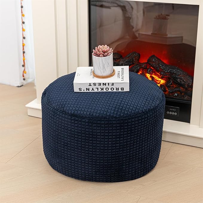 Pouf Ottoman Stuffed 20x20x12 Inches Floor Pouf Plush Fiber Ottoman Foot Rest Under Desk Foot Stool for Living Room Bedroom (Navy Blue Pouf with Filler)