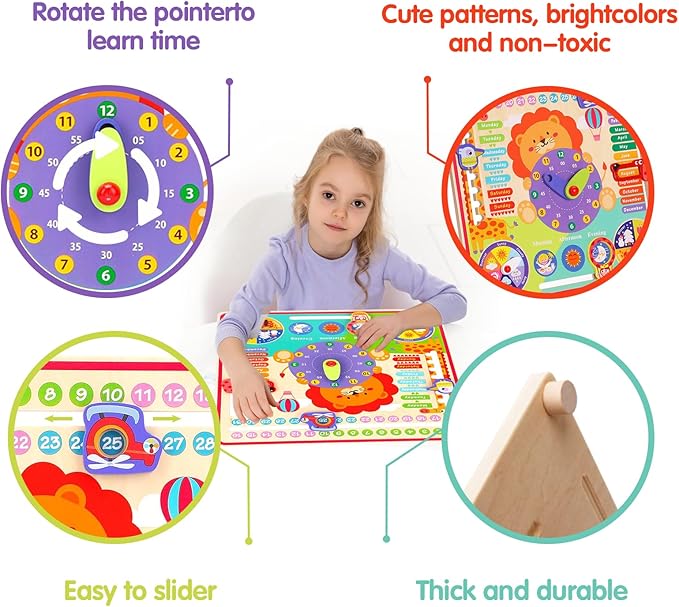 Montessori Toys for 4 Year Old,Wooden Calendar and Teaching Clock for Kids Learning Clock for Telling Time, Date, Days of The Months, Seasons and Weather-Educational Toys for Boys and Girls（7 in 1）