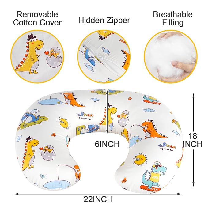 Nursing Pillow, Breastfeeding Pillows with Standard Size Removable Cover, Breast Feeding Pillow with Breathable Filling, Ergonomic Nursing Essentials for Bottle and Breastfeeding (Dinosaurs)