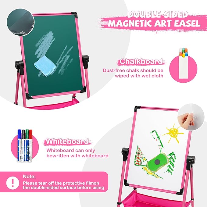 Kids Art Easel Double Sided Iron Easel 29.6inch-44inch Height Adjustable Drawing Board 360° Rotatable Easel Whiteboard & Chalkboard Standing Art Easel for Kids Boys Girls 3+