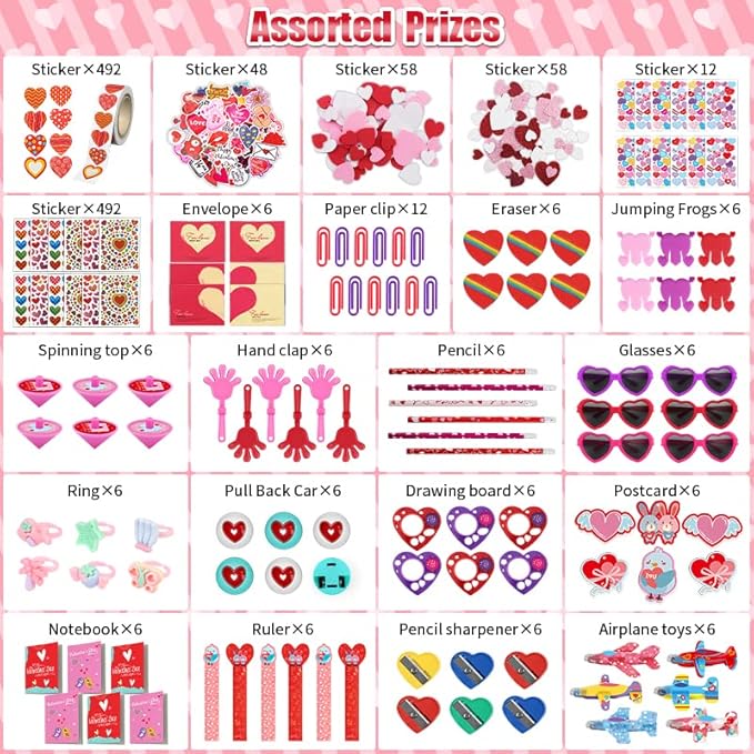 782Pcs Valentine's Day Party Favors Supplies, Heart Glasses Bracelets Stickers Stamper Sticky Hands Tattoo Cards Bulk for Gift Exchange, Photo Props Kids Birthday School Classroom Rewards Prizes