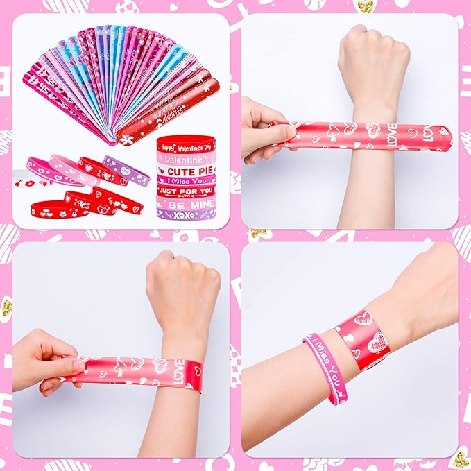 48 Pcs Valentines Slap Bracelets Rubber Bracelets Valentines Party Favors Gifts for Kids School Classroom Goodie Bag Stuffers