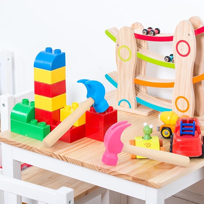 2 Pack Wooden Hammer Toys Simulation Hammers Maintenance Tools Educational Toys for Kids Birthday Party Games Supplies (Blue + Rose Red)