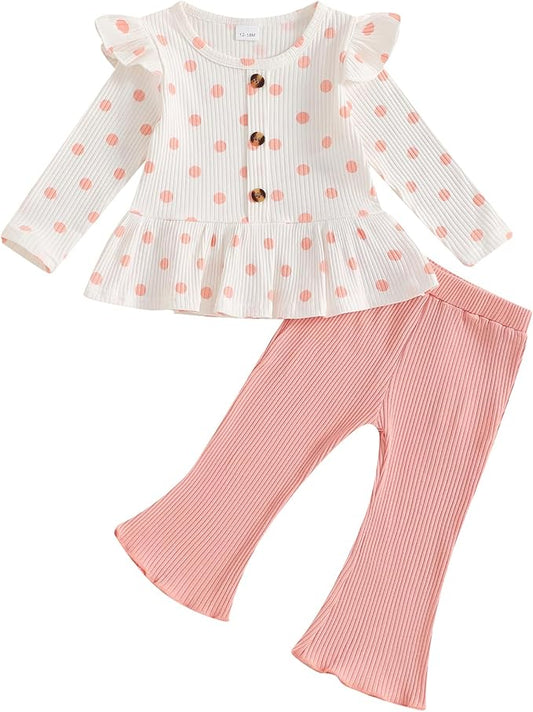 Mubineo Toddler Baby Girl Clothes Cute Ribbed Outfits Knit Long Sleeve Shirt Tops Bell Bottom Pant Fall Winter Outfit