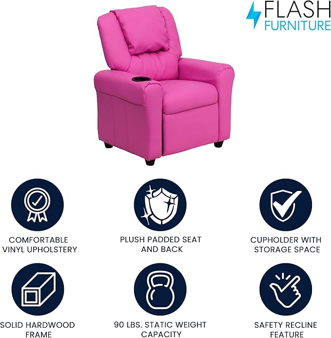 Flash Furniture Vana Vinyl Kids Recliner with Cup Holder, Headrest, and Safety Recline, Contemporary Reclining Chair for Kids, Supports up to 90 lbs., Hot Pink